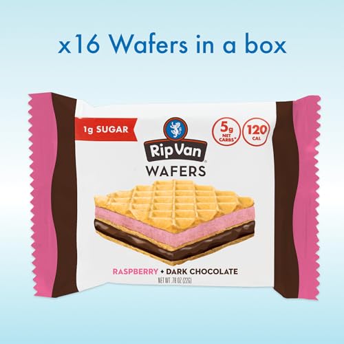 Rip Van Raspberry & Dark Chocolate Wafer Cookies - Healthy Snacks - Non GMO Keto Cookies - Keto Snacks - Low Carb, Low Sugar (1g), Low Calorie and Vegan Snack - 16 Count