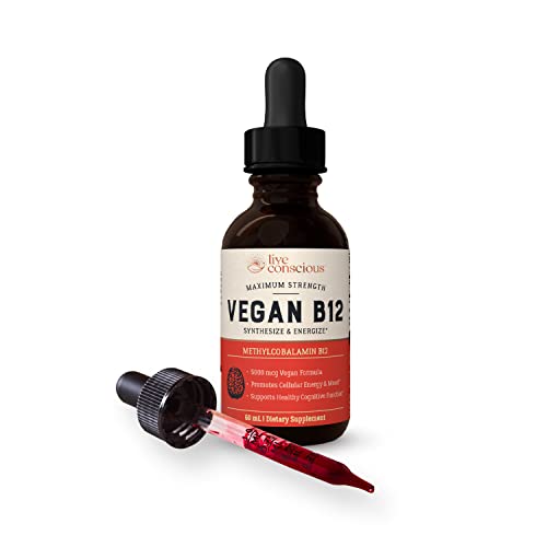 Vegan Vitamin B12 Sublingual Liquid Drops by Live Conscious- Methylcobalamin Max Strength B12 5000mcg Formula - Vegan B 12 Vitamin Support Energy, Promote Memory & Aid Immune System - 60 Serving