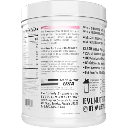 Evlution Nutrition Clear Whey - 100% Whey Protein Isolate - for Muscle Growth, Strength & Recovery - 20g Isolate Protein Per Serving - Fast Absorbing - Gluten & Fat Free - 1.1lb - Pink Lemonade