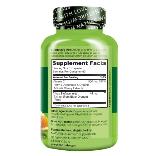 NATURELO Vitamin C with Organic Acerola Cherry Extract and Citrus Bioflavonoids - Vegan Supplement - Immune Support - 500 mg VIT C per Cap - Non-GMO - 90 Capsules