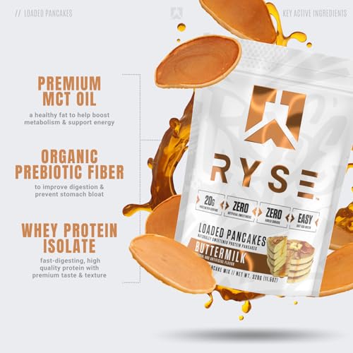 RYSE Loaded Protein Pancakes | Naturally Sweetened Protein Pancake Mix | Zero Added Sugars | 21g Protein & 3g Healthy MCTs | 6 Servings (Buttermilk)