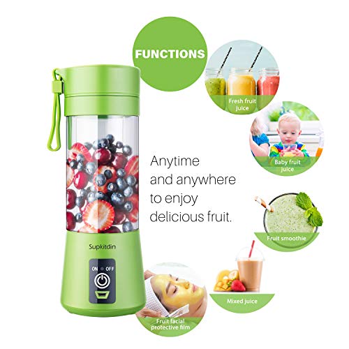 Portable, Personal Mixer Rechargeable with USB, Mini Blender for Smoothie, Fruit Juice, Milk Shakes, 380ml, Six 3D Blades for, 9.12x3.25x3.25 inch, Green
