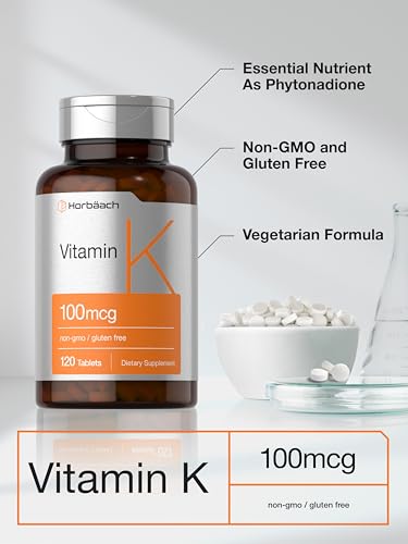 Horbäach Vitamin K Supplement | 100mcg | 120 Tablets | Vegetarian, Non-GMO & Gluten Free Supplement