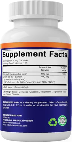 Vitamatic Green Tea Extract with Vitamin C, 25X Concentrate, 98% Polyphenols, 80% Catechins, 50% EGCG, 180 Veg Capsules