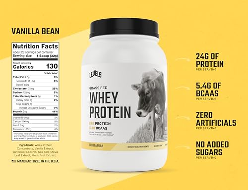 Levels Grass Fed Whey Protein Powder, No Artificials, 24G of Protein, Vanilla Bean, 2LB