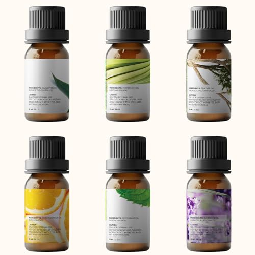 Essential Oils Set by Pure Aroma - Top 6 Aromatherapy Oils Gift Set-6 Pack, 10ml (Eucalyptus, Lavender, Lemongrass, Sweet Orange, Peppermint, Tea Tree)