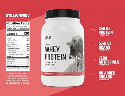 Levels Grass Fed Whey Protein Powder, No Artificials, 24G of Protein, Strawberry, 2LB