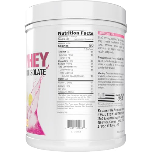 Evlution Nutrition Clear Whey - 100% Whey Protein Isolate - for Muscle Growth, Strength & Recovery - 20g Isolate Protein Per Serving - Fast Absorbing - Gluten & Fat Free - 1.1lb - Pink Lemonade