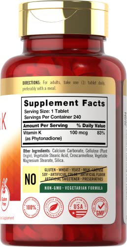 Carlyle Vitamin K 100 mcg | 240 Tablets | Vegetarian, Non-GMO, Gluten Free | Vitamin K Supplement