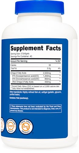 Nutricost Omega 3 Fish Oil - 2500MG, 120 Softgels (40 Serv) - Fish Oil, Wild Caught! 1200mg EPA 850mg DHA - Non-GMO, Gluten Free