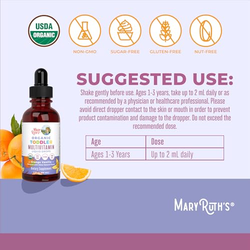 MaryRuth Organics Kids Multivitamin for Toddlers | USDA Organic | Toddler Vitamins Liquid Drops for Kids Ages 1-3 | Immune Support & Overall Wellness | Vegan | Non-GMO | Gluten Free | 2 Fl Oz