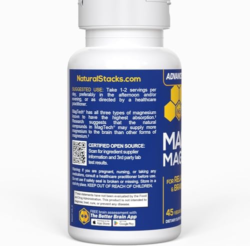 Natural Stacks MagTech Magnesium Supplement - Chelated Magnesium Complex - 3 Forms of Magnesium: Magtein Magnesium L-Threonate, Glycinate & Taurate - Supports Relaxation & Brain Health, 45 Capsules