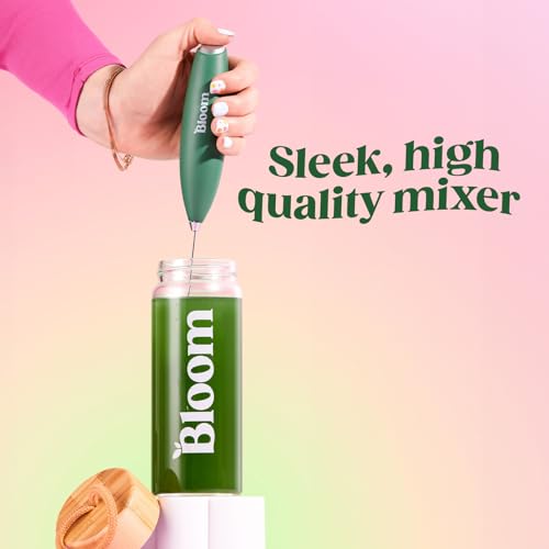 Bloom Nutrition Milk Frother, Hand Mixer, Electric, Handheld Drink Stirrer, Frothing Wand, Foam Maker for Coffee, Matcha, Protein, Greens, Stainless Steel, Battery Operated, Includes Whisk Stand