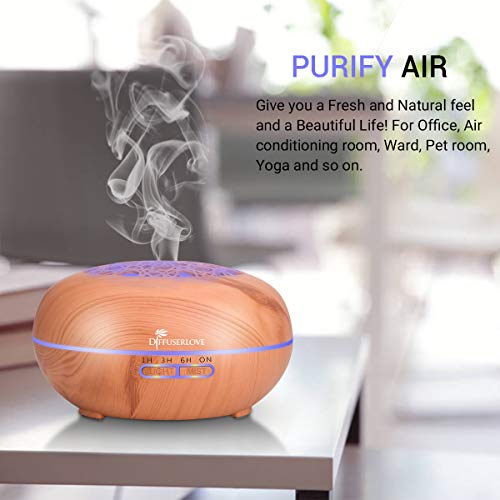 Diffuserlove Essential Oil Diffuser 550ML Diffuser Remote Control Wood Grain Aroma Diffuser Cool Mist Humidifier with 4 Timer, 7 Color LED Lights, Auto Shut-Off for Home Bedroom Office