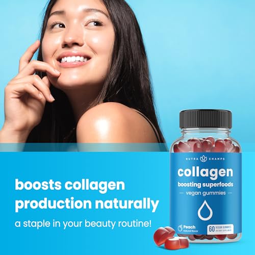 Collagen Boosting Gummies | Collagen Booster Gummy for Natural Collagen Production | Hair, Skin, Nails, Joint Support | Vegan Pectin Supplements Chews for Women & Men | 60 Peach Vitamins Gummies