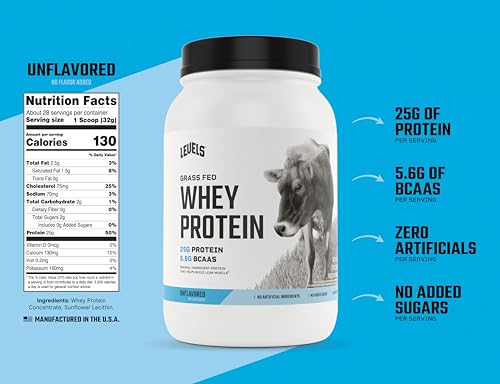 Levels Grass Fed Whey Protein Powder, No Artificials, 25G of Protein, Unflavored, 2LB