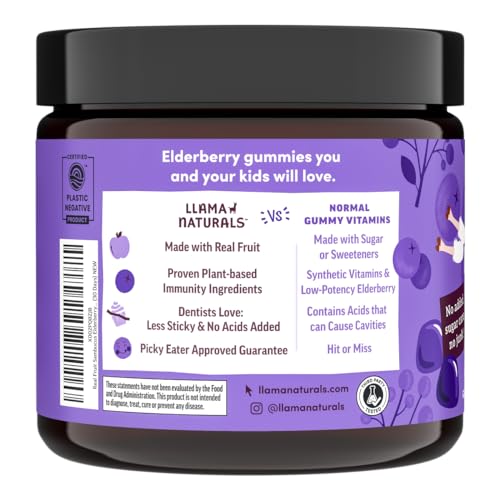 Llama Naturals Real Fruit Sambucus Elderberry Gummies for Kids | No Added Sugar Cane, Vegan, Organic Toddler Immune Support | Zinc & Natural Vitamin C | Children Immunity Boost | 60 ct (30 Days)