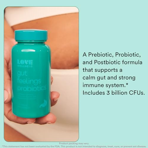 Love Wellness Gut Feelings Probiotic, Digestive Enzyme Supplement | Supports Gut Health, Digestion Relief & Strong Immune System | 3 Billion CFU | Safe Prebiotic and Postbiotic | 30 Capsules