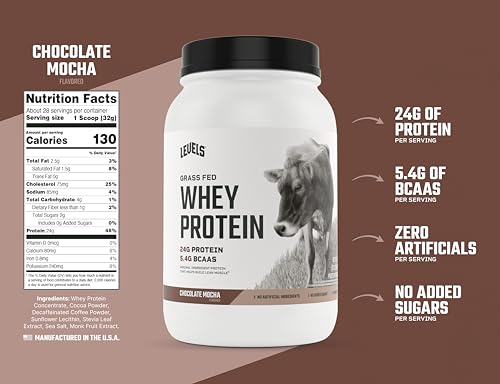 Levels Grass Fed Whey Protein Powder, No Artificials, 24G of Protein, Chocolate Mocha, 2LB