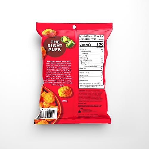 ONE PUFFS, Spicy Nacho Flavor, 14g of Protein, Protein Snacks for On the Go, 150 Calories per Snack (10 Pouches)