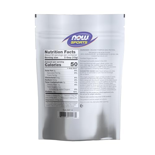 NOW Foods Sports Nutrition, Organic Pumpkin Seed Protein Powder With 10g of Protein, Certified Non-GMO, Unflavored, 1-Pound