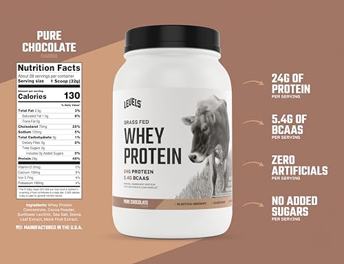 Levels Grass Fed Whey Protein Powder, No Artificials, 24G of Protein, Pure Chocolate, 2LB