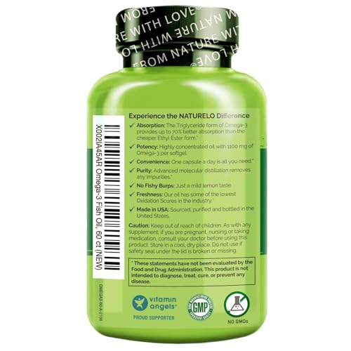 NATURELO Burpless Omega 3 Fish Oil Supplement - 1100mg Triglyceride Omega-3, EPA + DHA, Liquid Fish Oil Omega 3 for Heart, Eye, Brain, Joint Health - 60 Softgels, 2 Months Supply