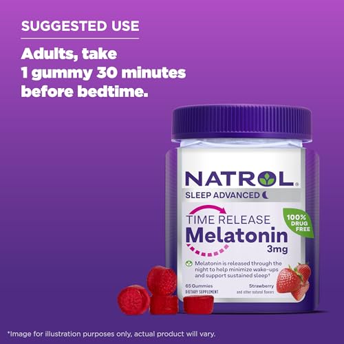 Natrol Time Release Melatonin 3 mg, Dietary Supplement for Restful Sleep, Sleep Gummies for Adults, 65 Strawberry-Flavored Melatonin Gummies, 65 Day Supply