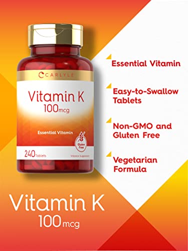 Carlyle Vitamin K 100 mcg | 240 Tablets | Vegetarian, Non-GMO, Gluten Free | Vitamin K Supplement