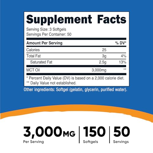 Nutricost MCT Oil Softgels 1000mg, 150 SFG (3,000mg Serv) - Great for Keto, Ketosis, and Ketogenic Diets