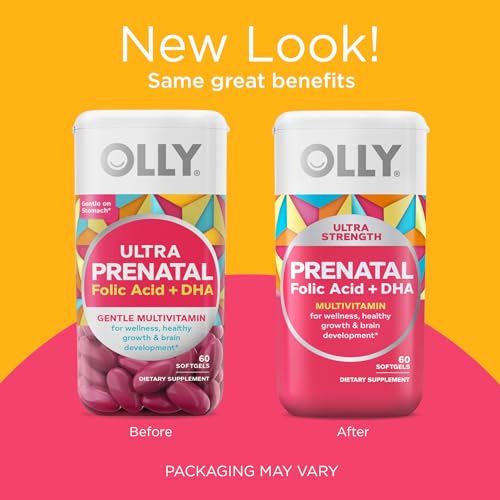 OLLY Ultra Strength Prenatal Multivitamin Softgels, Supports Healthy Growth, Brain Development, Iron, Folic Acid, DHA, Vitamins C, E, 30 Day Supply-60 Count (Packaging May Vary)