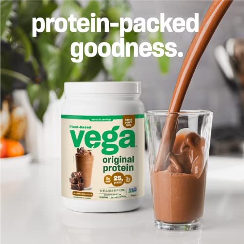 Vega Original Protein Powder + Shaker Cup Bundle, Creamy Chocolate Plant Based Protein Drink Mix with Protein Shaker Cup, 28oz