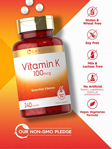 Carlyle Vitamin K 100 mcg | 240 Tablets | Vegetarian, Non-GMO, Gluten Free | Vitamin K Supplement