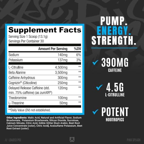 Ryse Loaded Pre Workout Powder Supplement for Men & Women | Pumps, Energy, Focus | Beta Alanine + Citrulline | 390mg Caffeine | 30 Servings (Pink Splash)