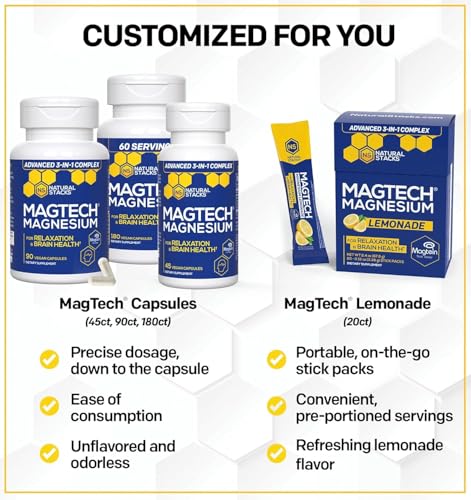 Natural Stacks MagTech Magnesium Supplement - Chelated Magnesium Complex - 3 Forms of Magnesium: Magtein Magnesium L-Threonate, Glycinate & Taurate - Supports Relaxation & Brain Health, 45 Capsules