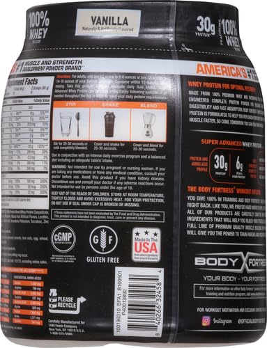 Body Fortress Super Advanced Whey Protein Powder, Vanilla, 60g Protein & 12g BCAAs Per 2 Scoops, Muscle Gain & Recovery, Immune Support with Vitamins C & D, 1.74lbs (Packaging May Vary)