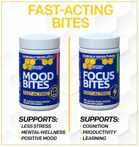 Natural Stacks Mood Bites for Mental Wellness & Less Stress - Clinically Tested Saffron Supplement - Vitamin B3 Niacin - Fast Acting & Absorption - Improves Mood Over Time - 30 Citrus Peach Chewables*