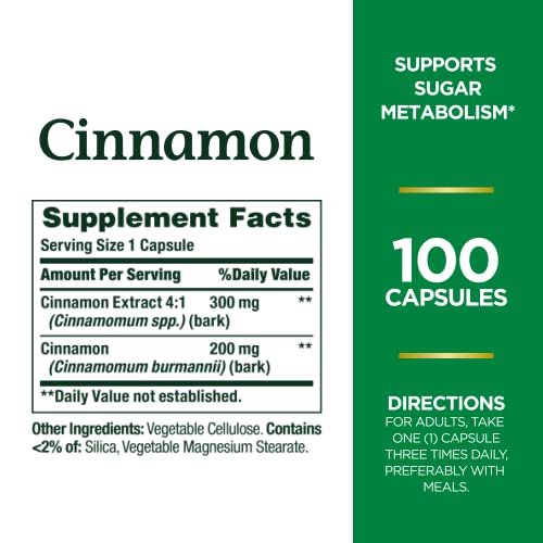 Nature's Bounty Cinnamon Capsules, Herbal Supplement, Supports Sugar Metabolism, 1500mg, 100 Capsules