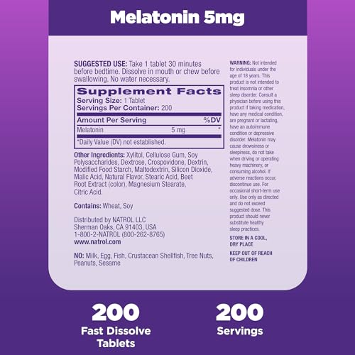 Natrol Sleep Melatonin 5mg Fast Dissolve Tablets, Nighttime Sleep Aid for Adults, 200 Strawberry-Flavored Melatonin Tablets, 200 Day Supply