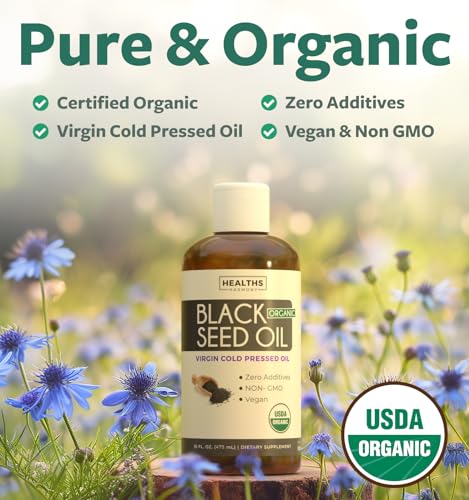 USDA Organic Black Seed Oil Liquid (16 fl oz) Premium Cold-Pressed Nigella Sativa Producing Pure Black Cumin Seed Oil - Antioxidant Supplement - Vegan, Gluten-Free, & Non-GMO (No Pills or Capsules)