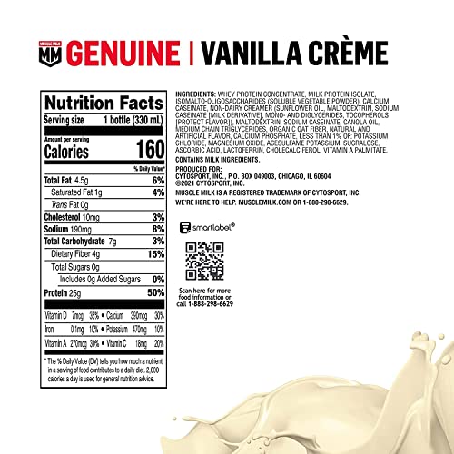 Muscle Milk Genuine Protein Shake, Vanilla Creme, 11.16 Fl Oz Bottle, 12 Pack, 25g Protein, Zero Sugar, Calcium, Vitamins A, C & D, 5g Fiber, Energizing Snack, Workout Recovery, Packaging May Vary