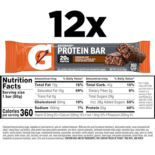 Gatorade Whey Protein Recover Bars, Chocolate Chip, 2.8 ounce(Pack of 12)