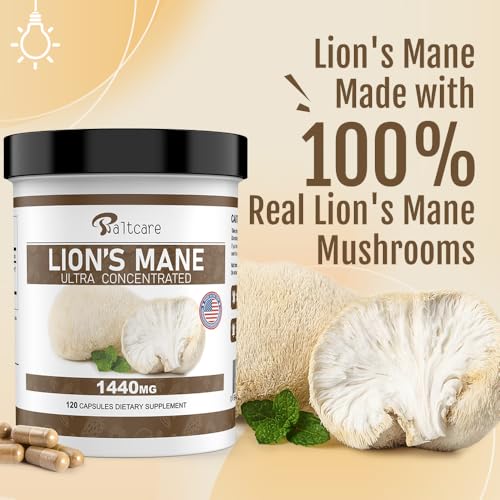 Lions Mane Supplement Capsules - 1440mg Organic Lion's Mane Mushroom Brain Supplements for Memory and Focus, Immune & Nervous System Support Supplement, 120 Veggie Capsules