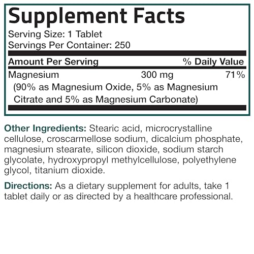 Triple Magnesium Complex Maximum Coverage 300 Mg Magnesium Oxide Magnesium Citrate Magnesium Carbonate, Non-GMO Formula, 250 Tablets