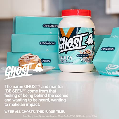 GHOST Whey Protein Powder, Cinnabon - 2LB Tub, 25G of Protein - Cinnamon Roll Flavored Isolate, Concentrate & Hydrolyzed Whey Protein Blend - Post Workout Shakes - Soy & Gluten Free