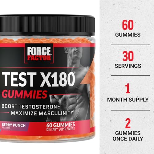 Force Factor Test X180 Gummies Testosterone Booster for Men with Tongkat Ali, Horny Goat Weed, Tribulus Terrestris, Fenugreek, & Black Maca, Supplement Men, Berry Punch, 60 Gummies, 1-Pack