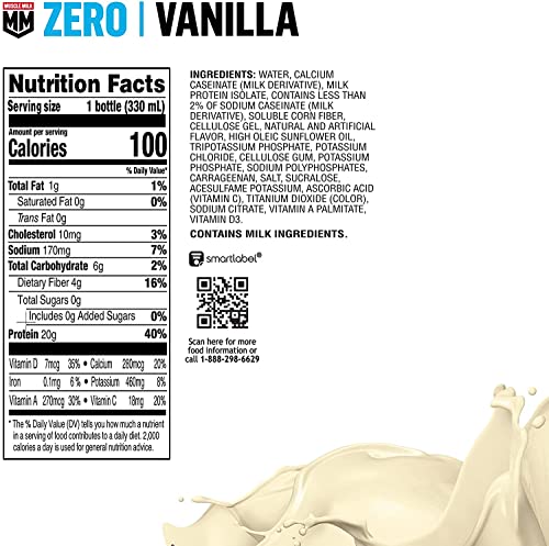 Muscle Milk Zero Protein Shake, Vanilla Crème, 20g Protein, Zero Sugar, 100 Calories, Calcium, Vitamins A, C & D, 4g Fiber, Energizing Snack, Workout Recovery, Packaging May Vary 11.16 Fl Oz (Pack of 12)