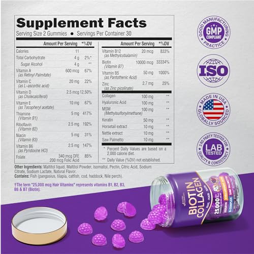 Biotin 10000 mcg Gummies | Collagen | Keratin | Hyaluronic Acid | B-Complex | Saw Palmetto - Hair Health Support, Skin & Nails Strength - Sugar-free Berry Flavor - for Women & Men - Vegan, 60 Gummies