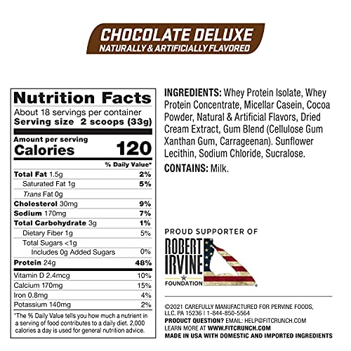 FITCRUNCH Tri-Blend Whey Protein, Keto Friendly, Low Calories, High Protein, Gluten Free, Soy Free (18 Servings, Chocolate Deluxe)