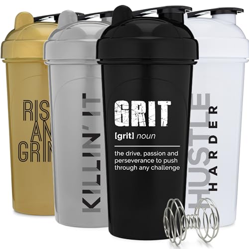 [4 Pack] 28oz Protein Shaker Bottle with Motivational Quotes (Black, White, Silver, Gold) |Shaker Cup with 4x Wire Mixers | Shaker for Protein Mixes Pack is BPA Free, Leak Proof and Dishwasher Safe